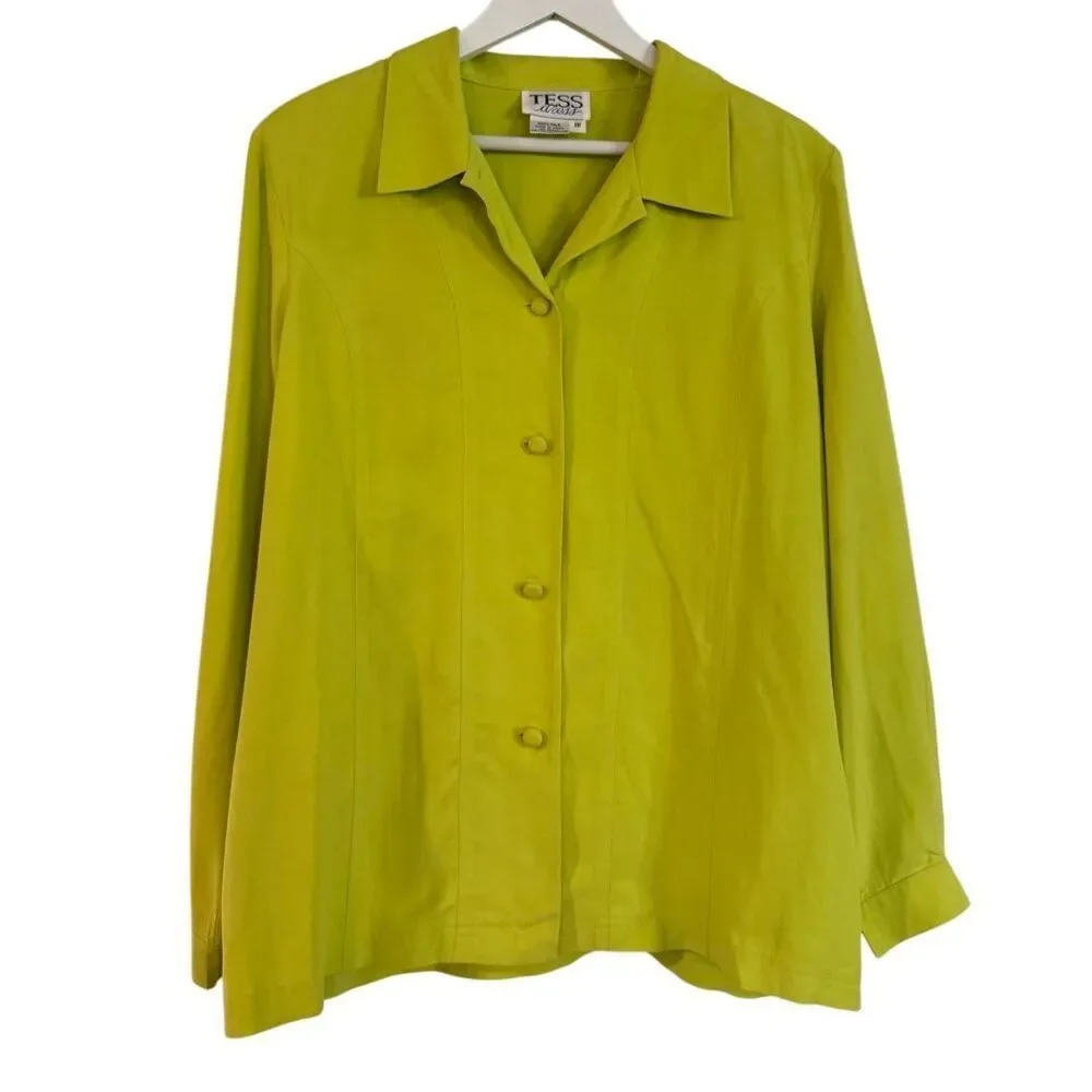 Tess Dress Vintage 100% silk neon yellow button down blouse 16 - Picture 2 of 10